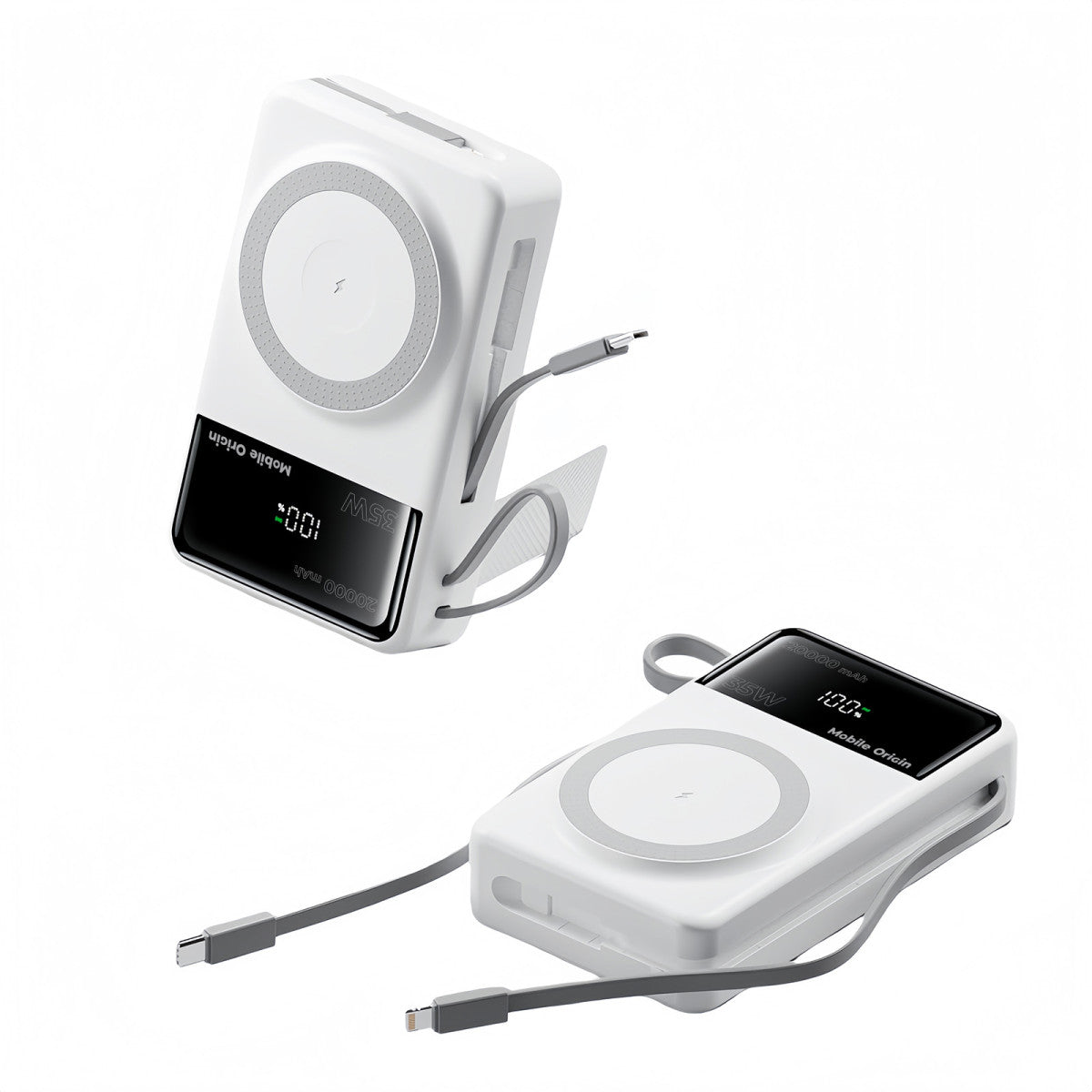 Bezdrátová magnetická powerbanka MagSafe s displejem a kabelem USB-C + Lightning PB15, 20000mAh, 35W, Bílá