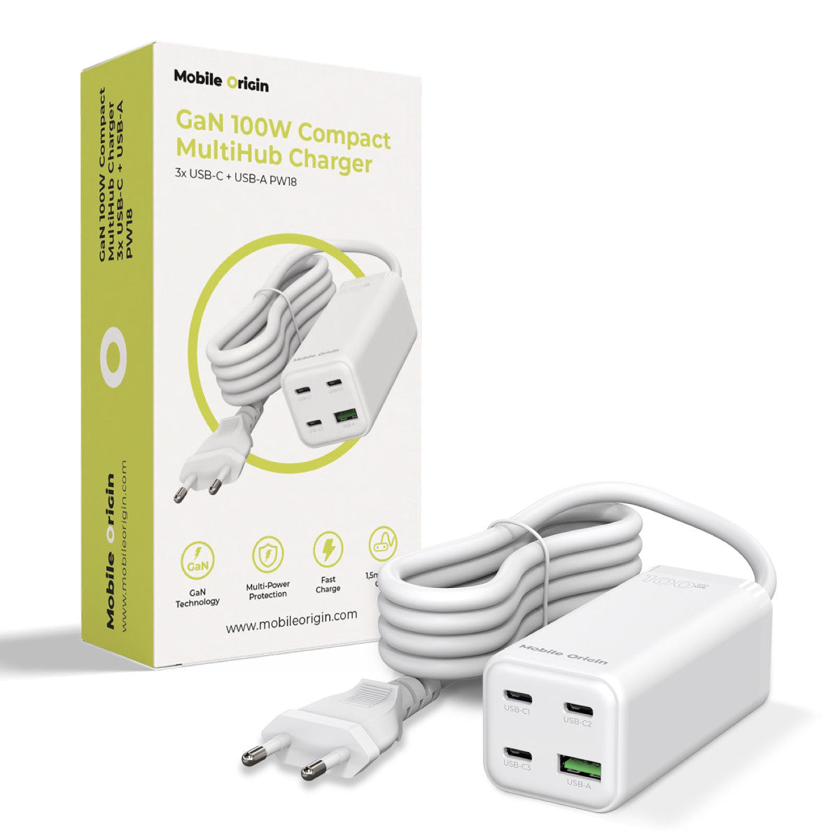 MultiHub nabíječka GaN 3× USB-C + USB-A PW18, 100W, Bílá