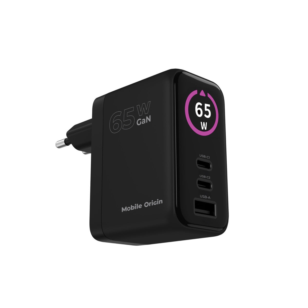 GaN Wall Charger with Display 2× USB-C + USB-A PW20, 65W, Black