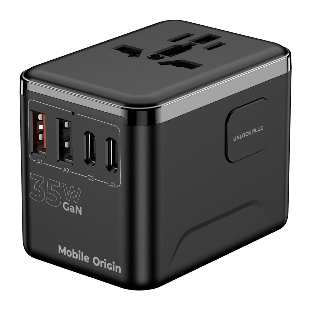 Cestovní adaptér GaN EU/UK/US/AUS 3× USB-C + 2× USB-A PW4, 35W, Černá