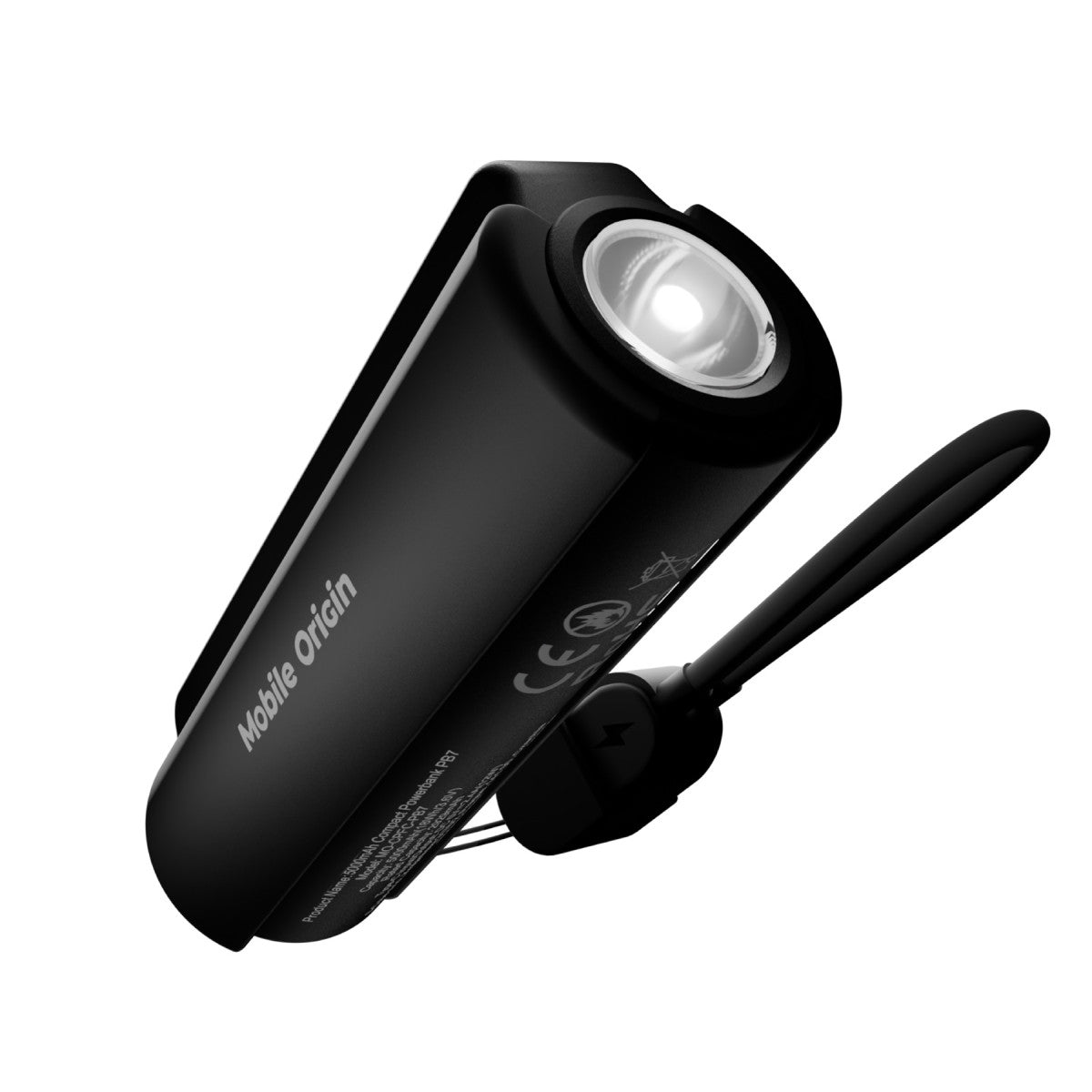 Compact Power Bank with Flashlight and USB-C Cable PB7, 5000mAh, 12W, Black