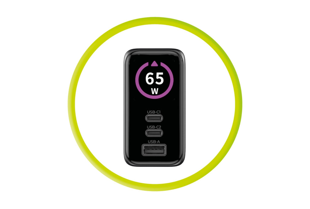 GaN Wall Charger with Display 65W PW20 – 2x USB-C + USB-A