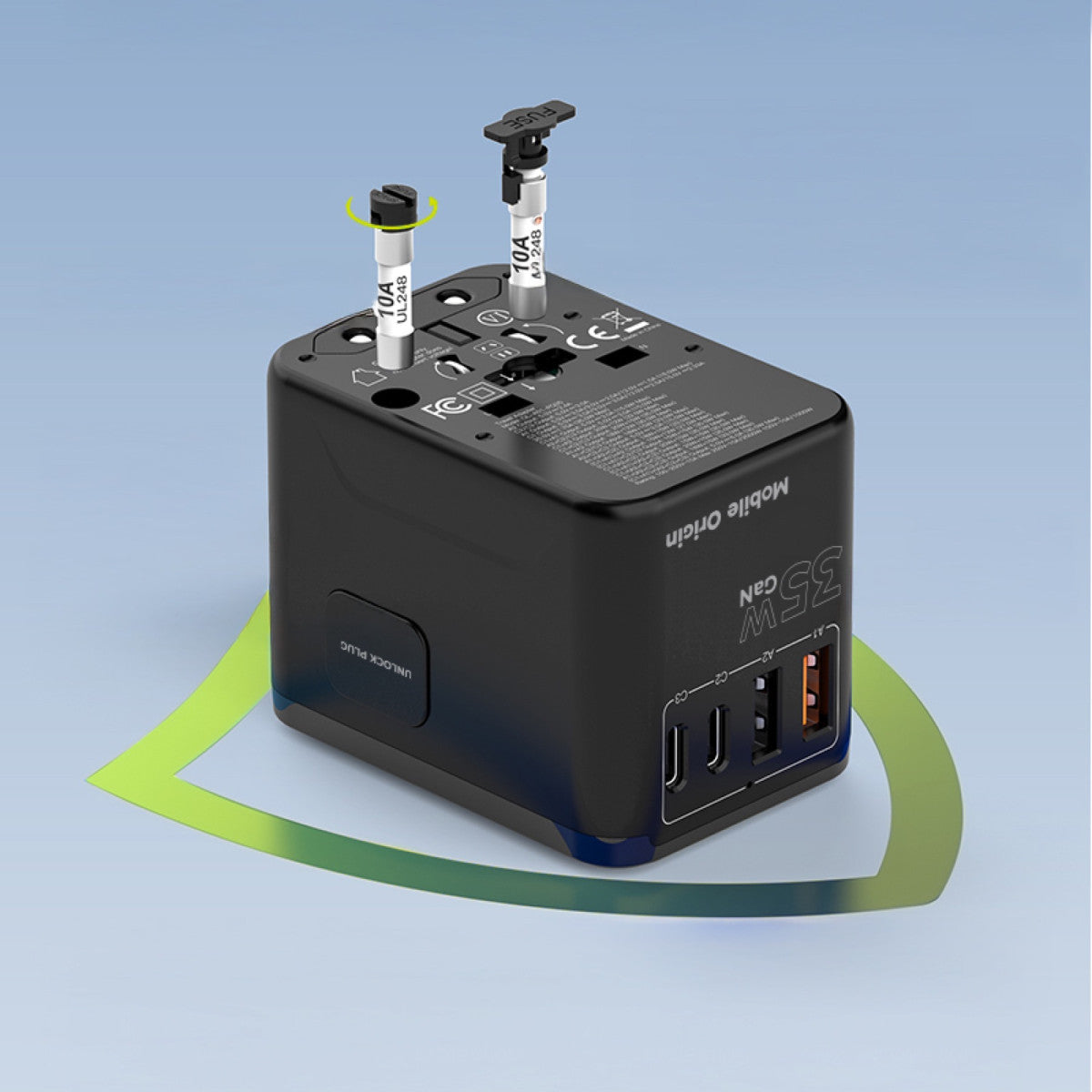 Cestovní adaptér GaN EU/UK/US/AUS 3× USB-C + 2× USB-A PW4, 35W, Černá