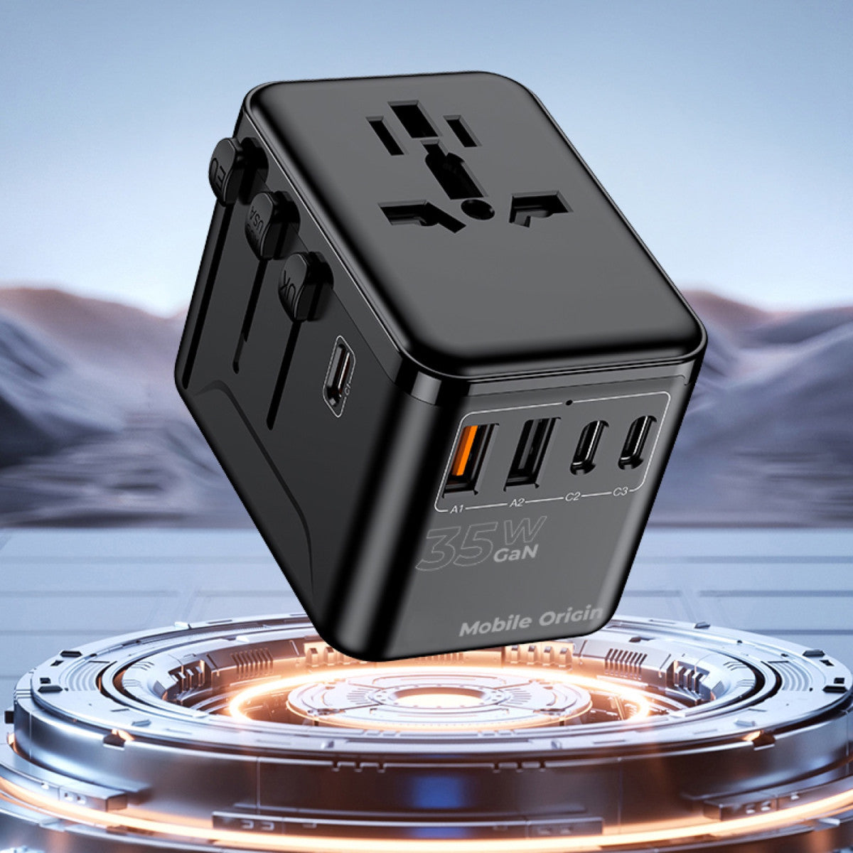 Cestovní adaptér GaN EU/UK/US/AUS 3× USB-C + 2× USB-A PW4, 35W, Černá