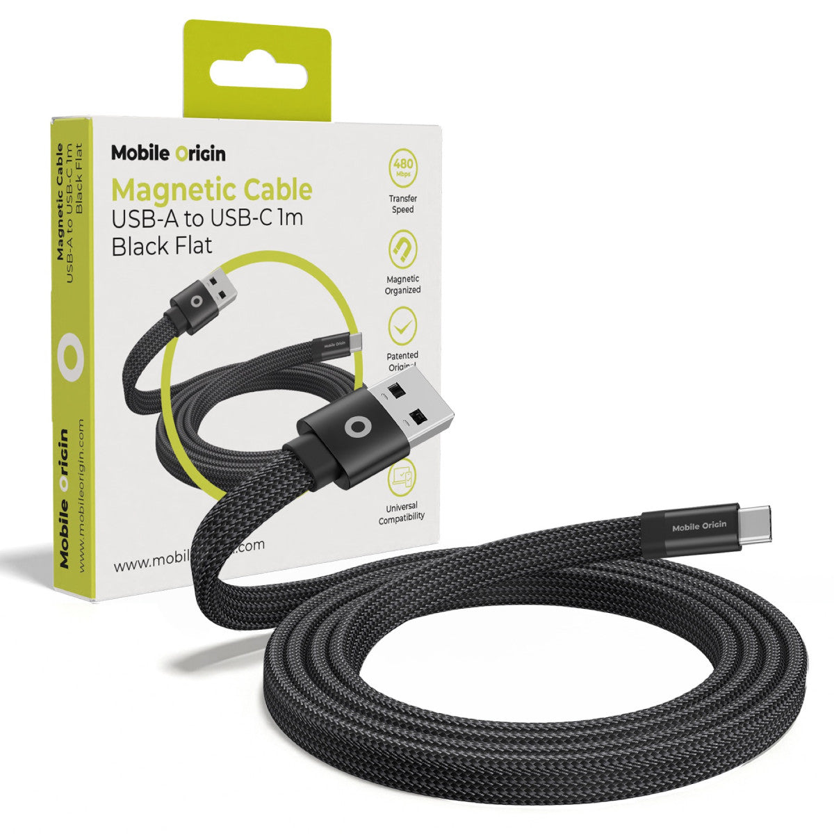 Magnetický plochý kabel USB-A na USB-C, 27W, 480 Mb/s, 1 m, Černá