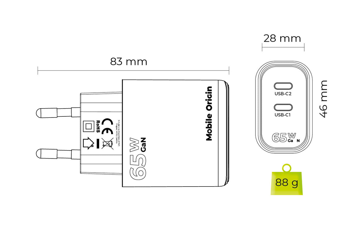 Síťová nabíječka GaN 2× USB-C MO19, 65W, Bílá