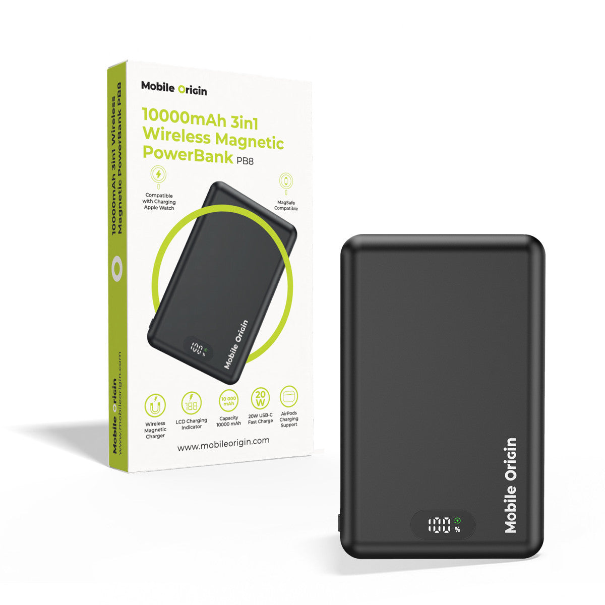 Bezdrátová magnetická powerbanka 3v1 MagSafe s displejem PB8, 10000mAh, 20W, Černá