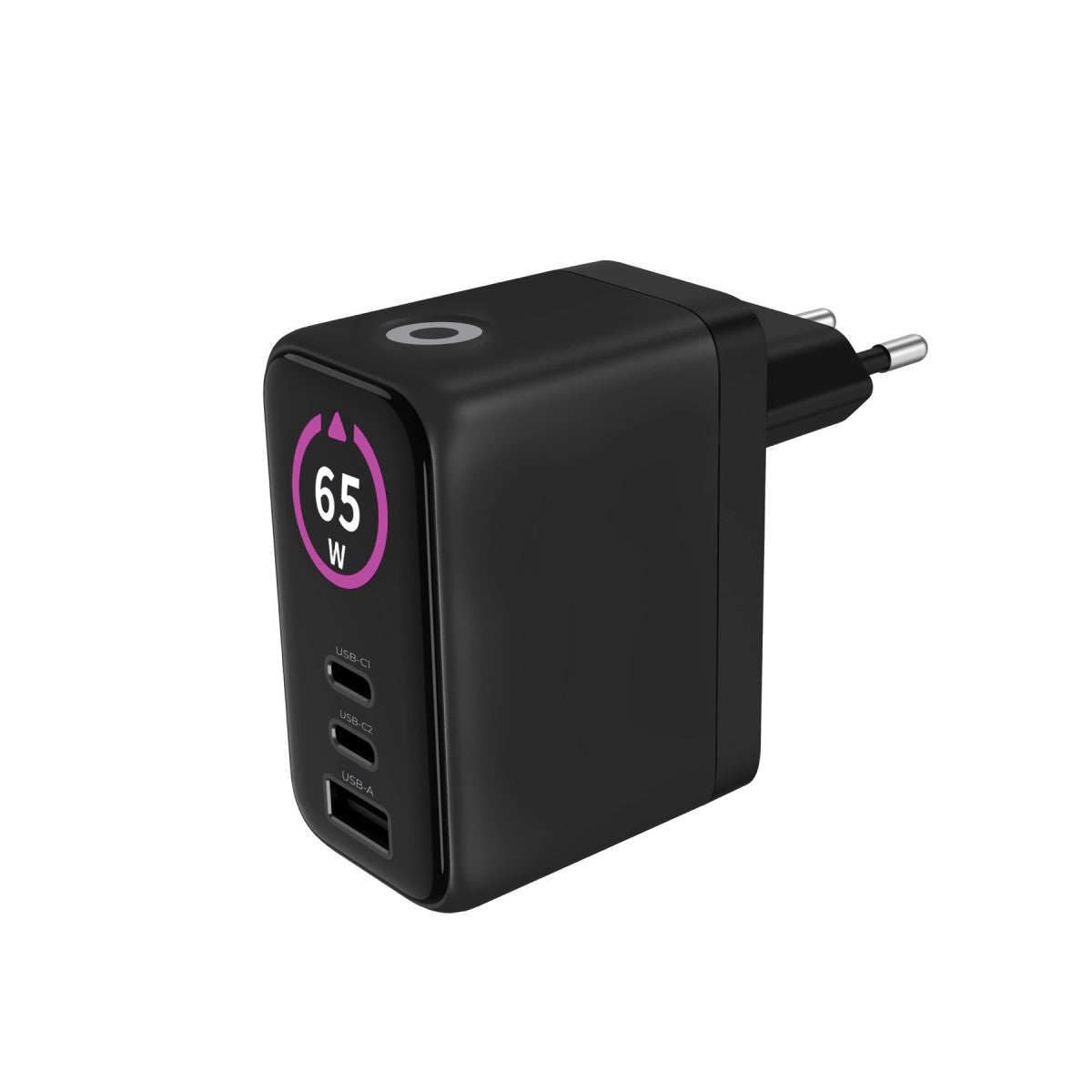 GaN Wall Charger with Display 2× USB-C + USB-A PW20, 65W, Black