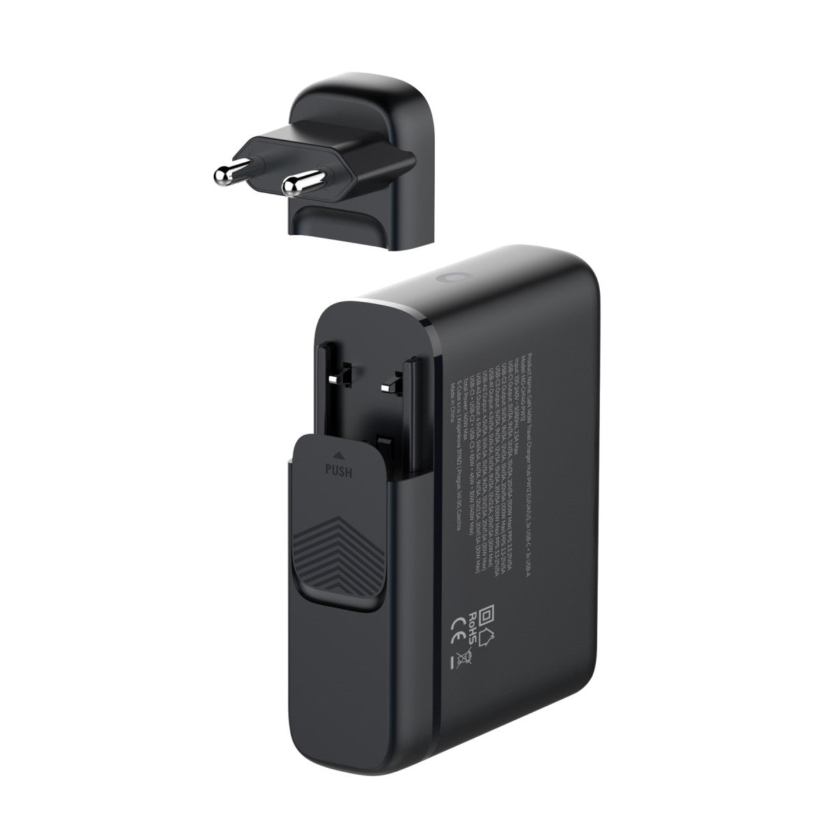 Cestovní nabíječka GaN EU/UK/US 3× USB-C + 3× USB-A PW12, 140W, Černá