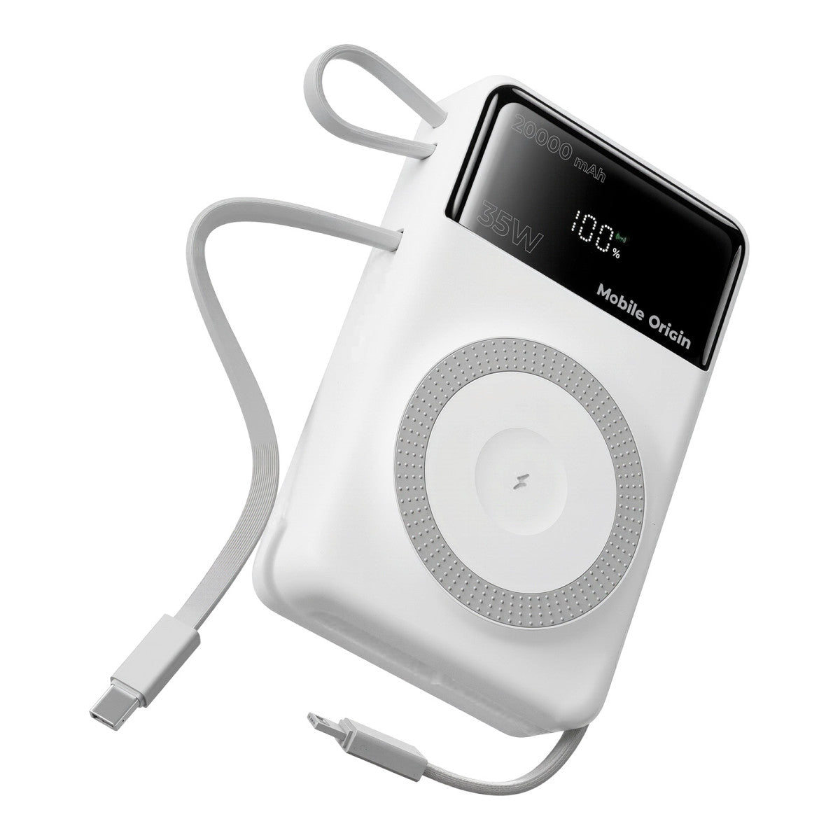Bezdrátová magnetická powerbanka MagSafe s displejem a kabelem USB-C + Lightning PB15, 20000mAh, 35W, Bílá