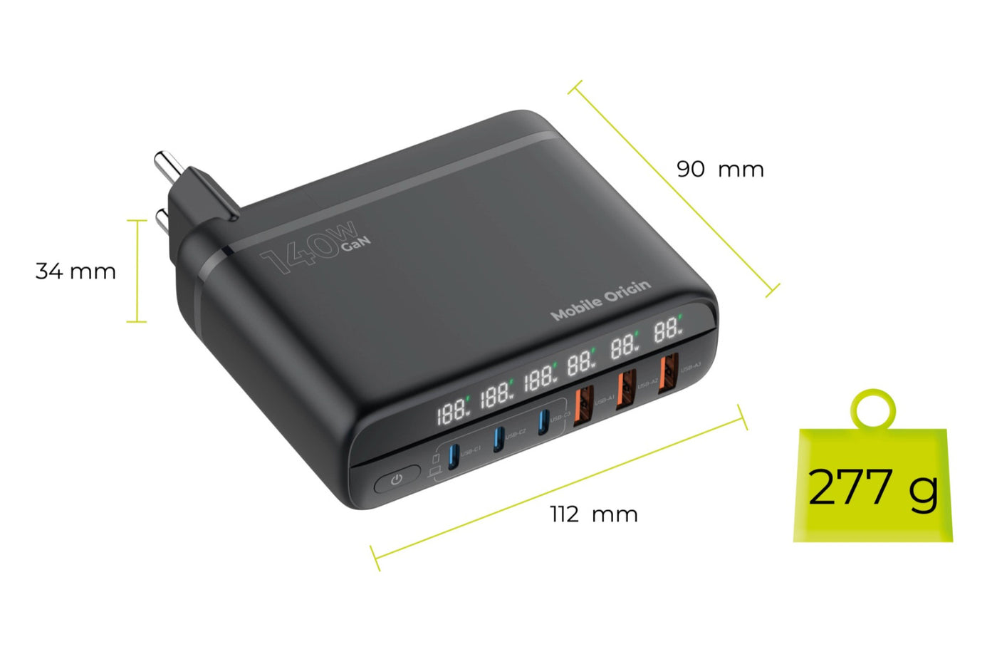Cestovní nabíječka GaN EU/UK/US 3× USB-C + 3× USB-A PW12, 140W, Černá