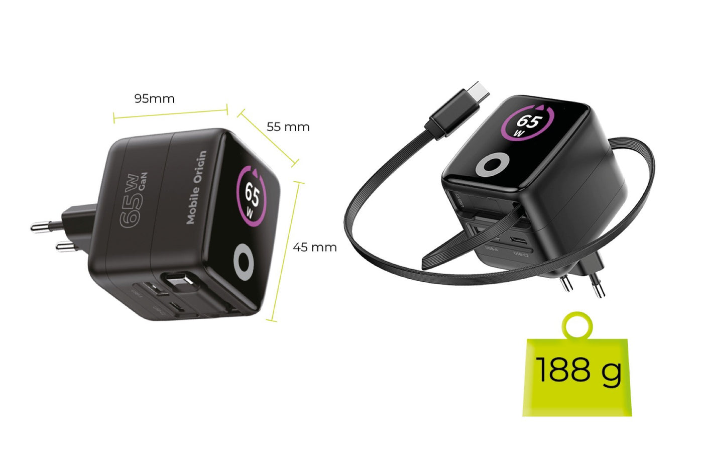 Síťová nabíječka GaN s displejem a samonavíjecím kabelem USB-C + USB-A PW3, 65W, 0,65 m, Černá