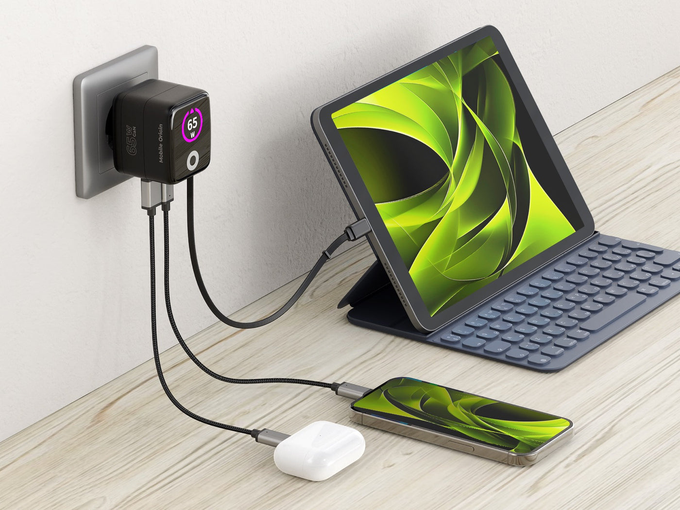 Síťová nabíječka GaN s displejem a samonavíjecím kabelem USB-C + USB-A PW3, 65W, 0,65 m, Černá