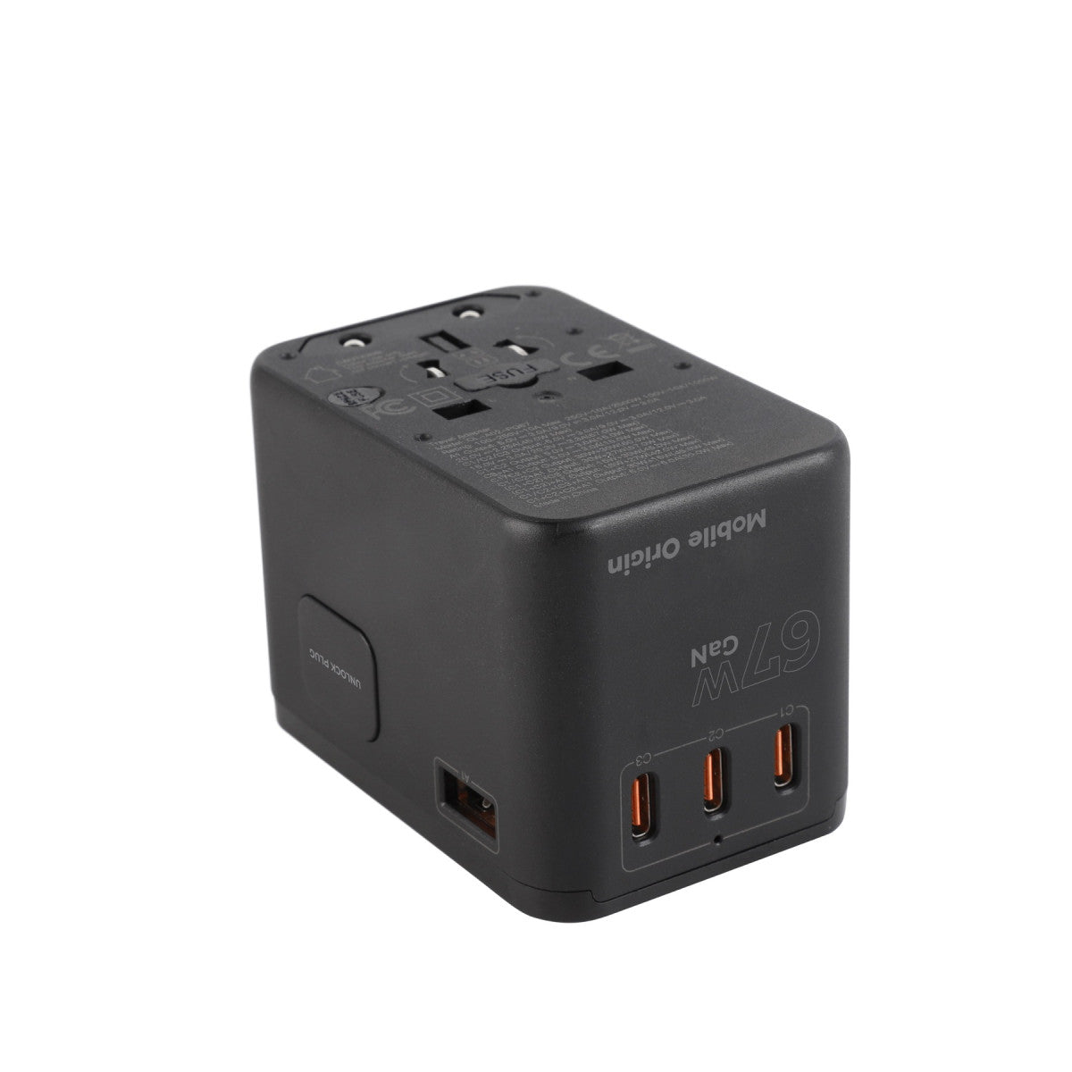 GaN Travel Adapter EU/UK/US/AUS 3× USB-C + USB-A PW5, 67W, Black
