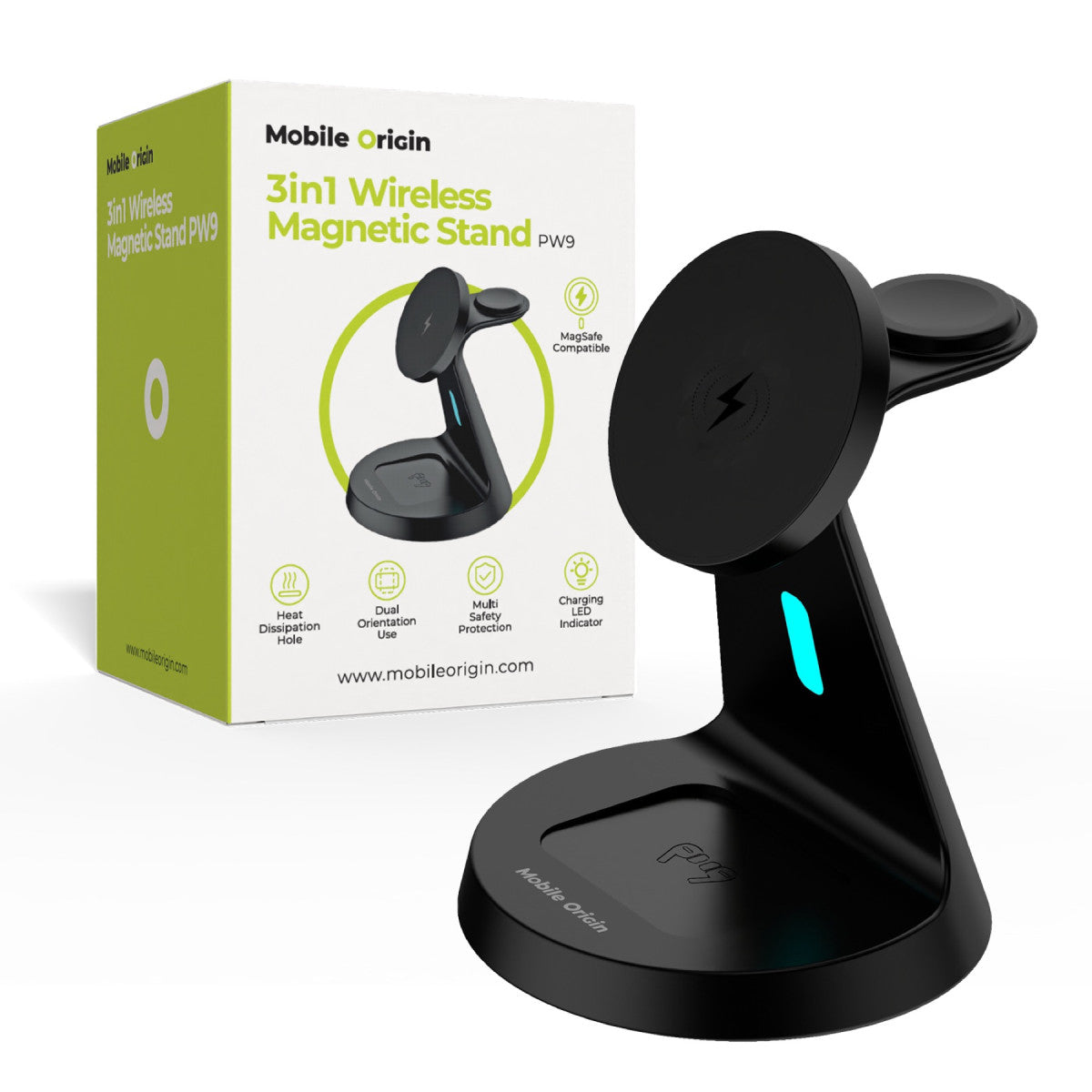 Wireless Magnetic Stand 3-in-1 MagSafe PW9, 18W, Black
