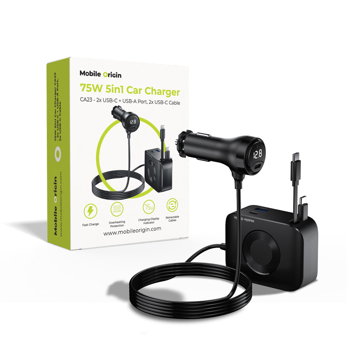 Autonabíječka 5v1 s displejem 2× USB-C + USB-A, 2× USB-C kabel CA23, 75W, Černá