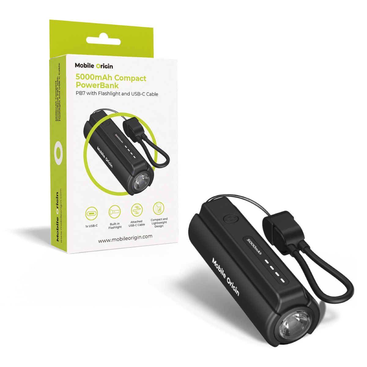 Compact Power Bank with Flashlight and USB-C Cable PB7, 5000mAh, 12W, Black
