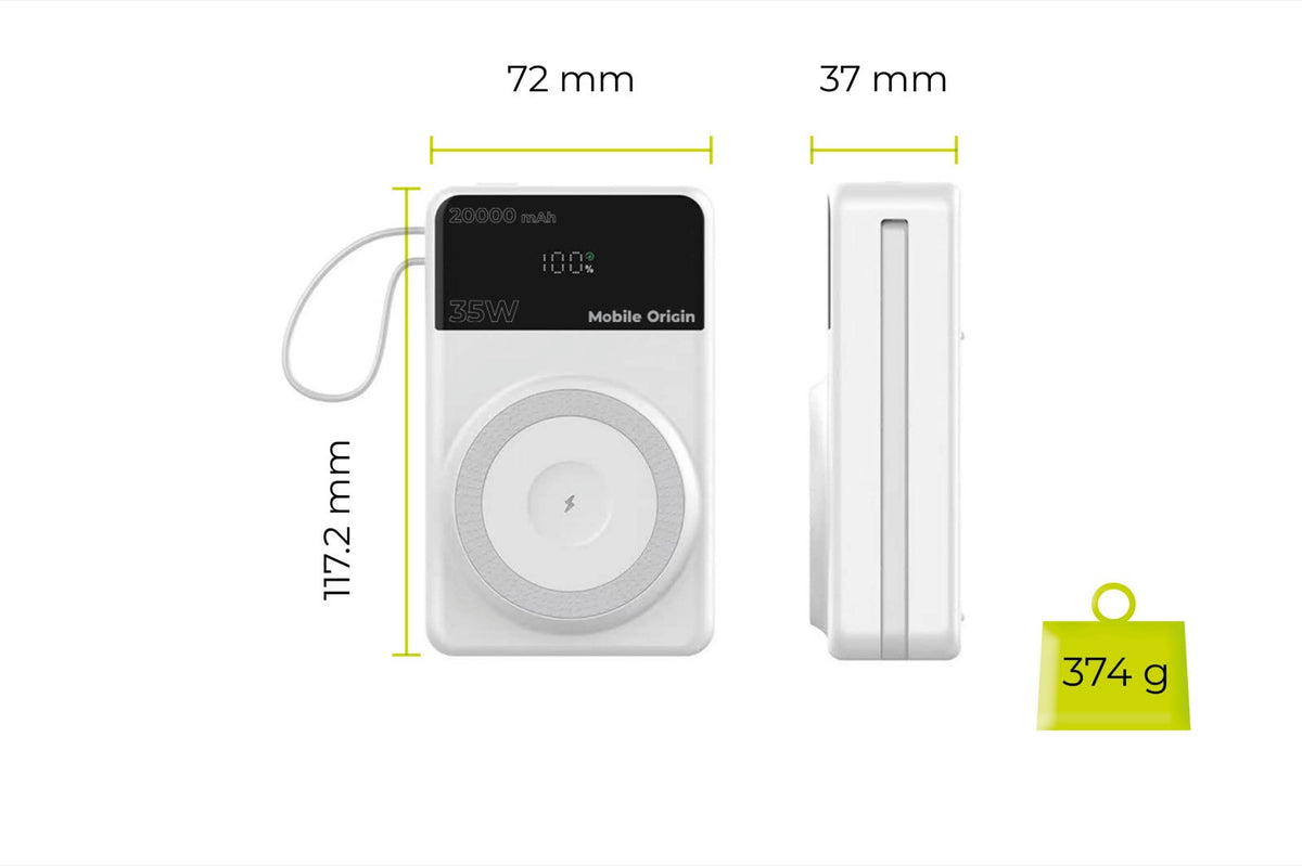 Bezdrátová magnetická powerbanka MagSafe s displejem a kabelem USB-C + Lightning PB15, 20000mAh, 35W, Bílá