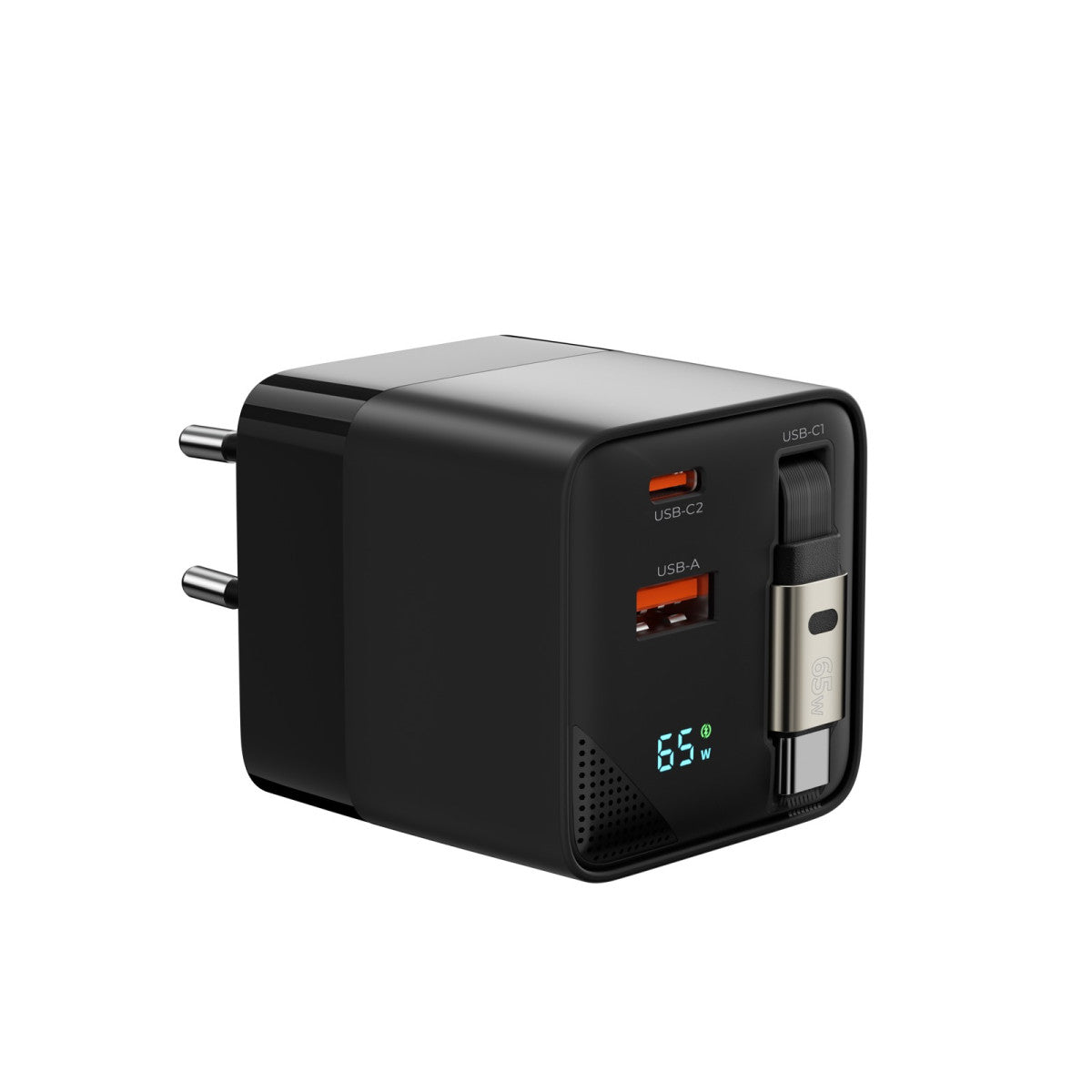 Wall Charger GaN with Display and Retractable Cable USB-C + USB-A PW2, 65W, Black