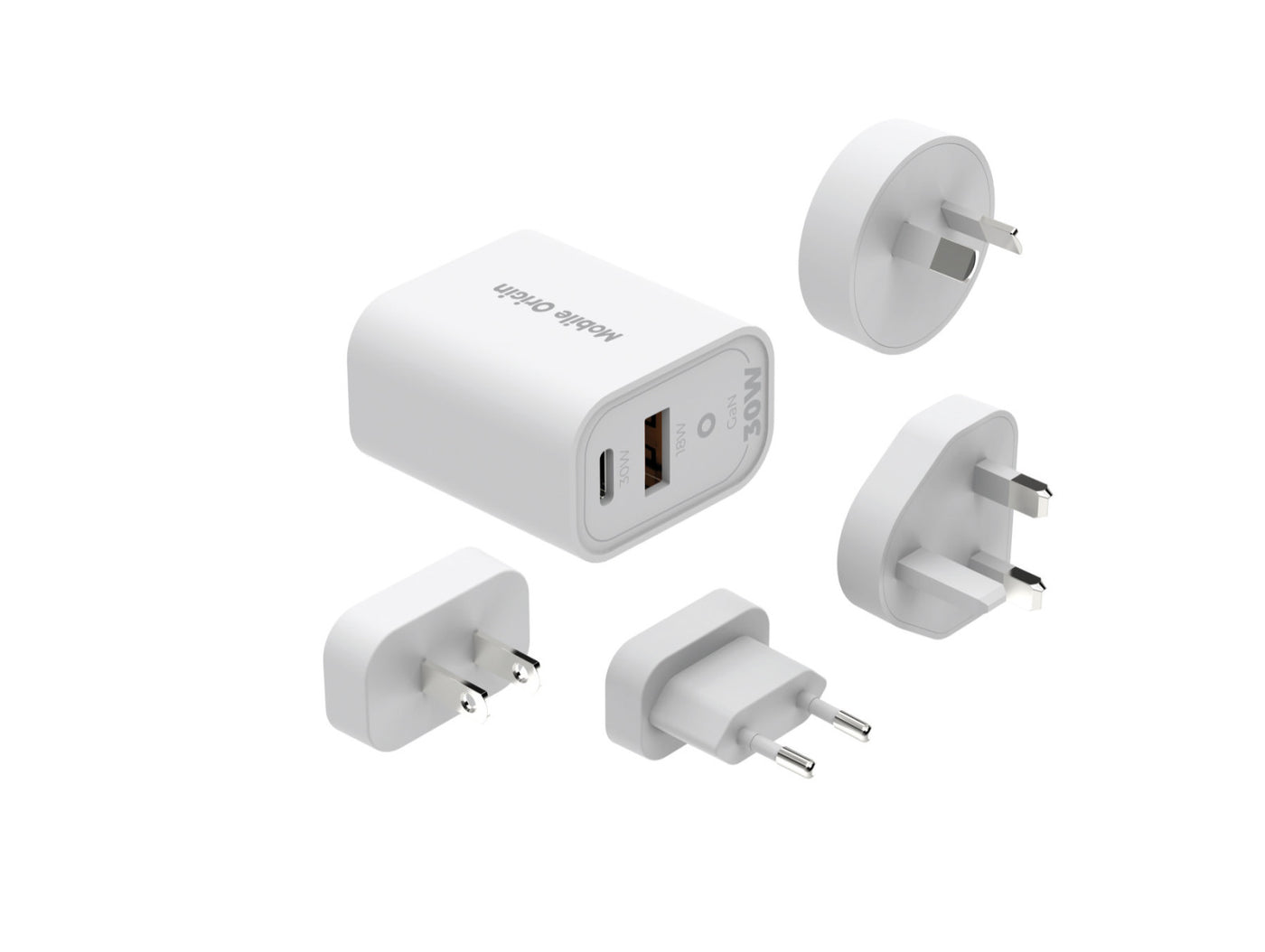 Cestovní nabíječka GaN USB-C + USB-A MO14, 30W, EU/USA/UK/AUS, Bílá