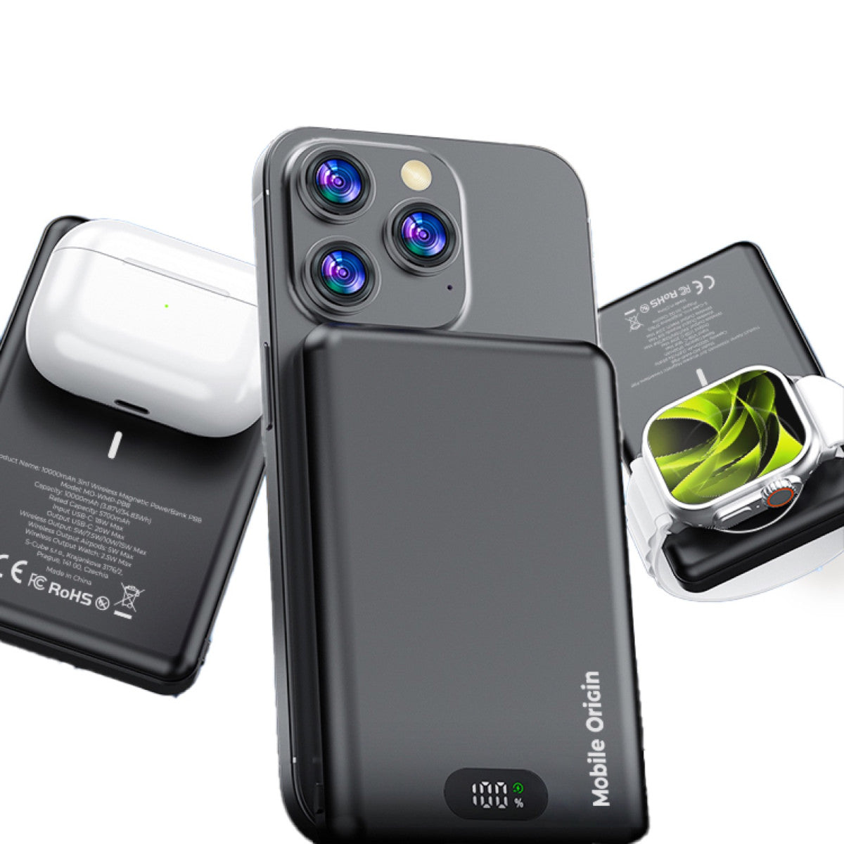 Bezdrátová magnetická powerbanka 3v1 MagSafe s displejem PB8, 10000mAh, 20W, Černá