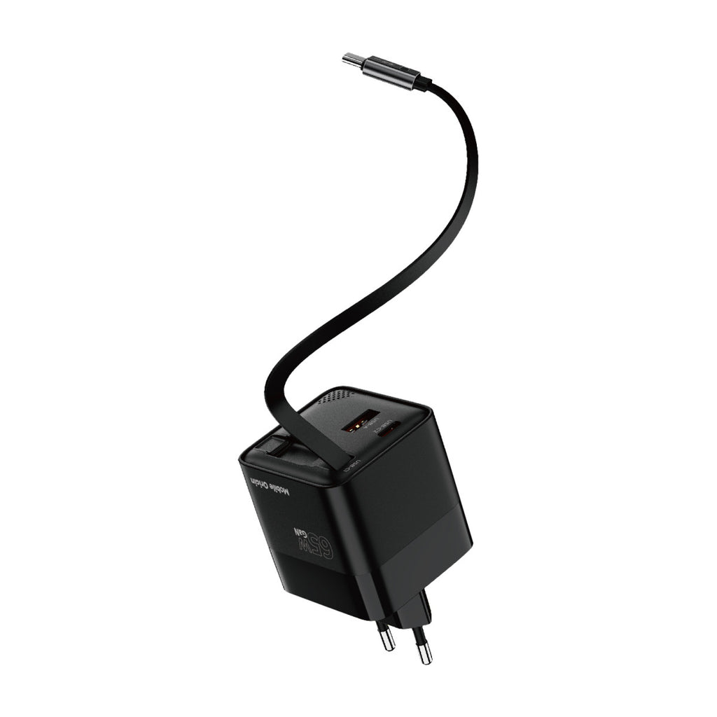 GaN síťová nabíječka s displejem 65W PW2 s USB-C Samonavíjecím Kabelem + USB-C + USB-A