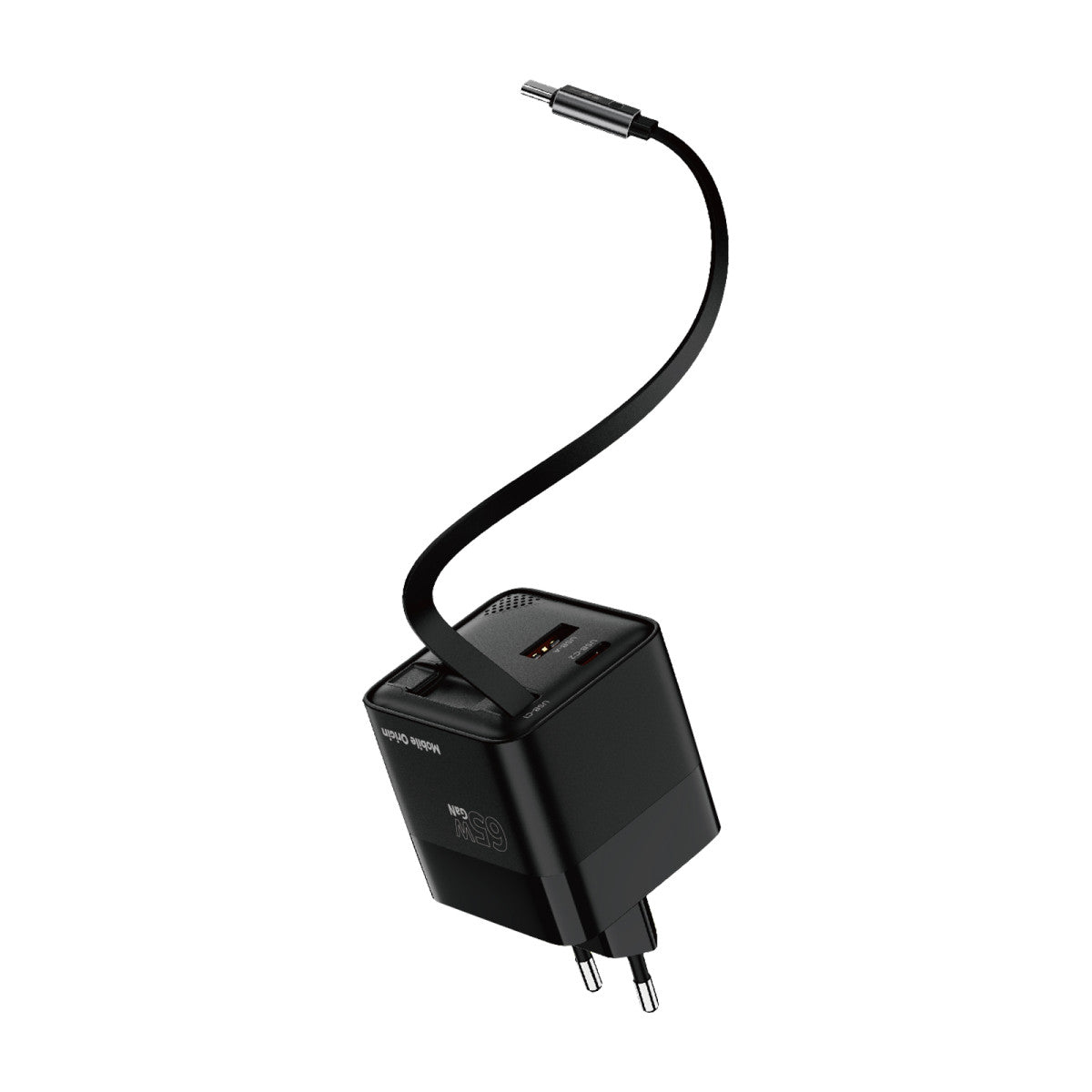 Wall Charger GaN with Display and Retractable Cable USB-C + USB-A PW2, 65W, Black