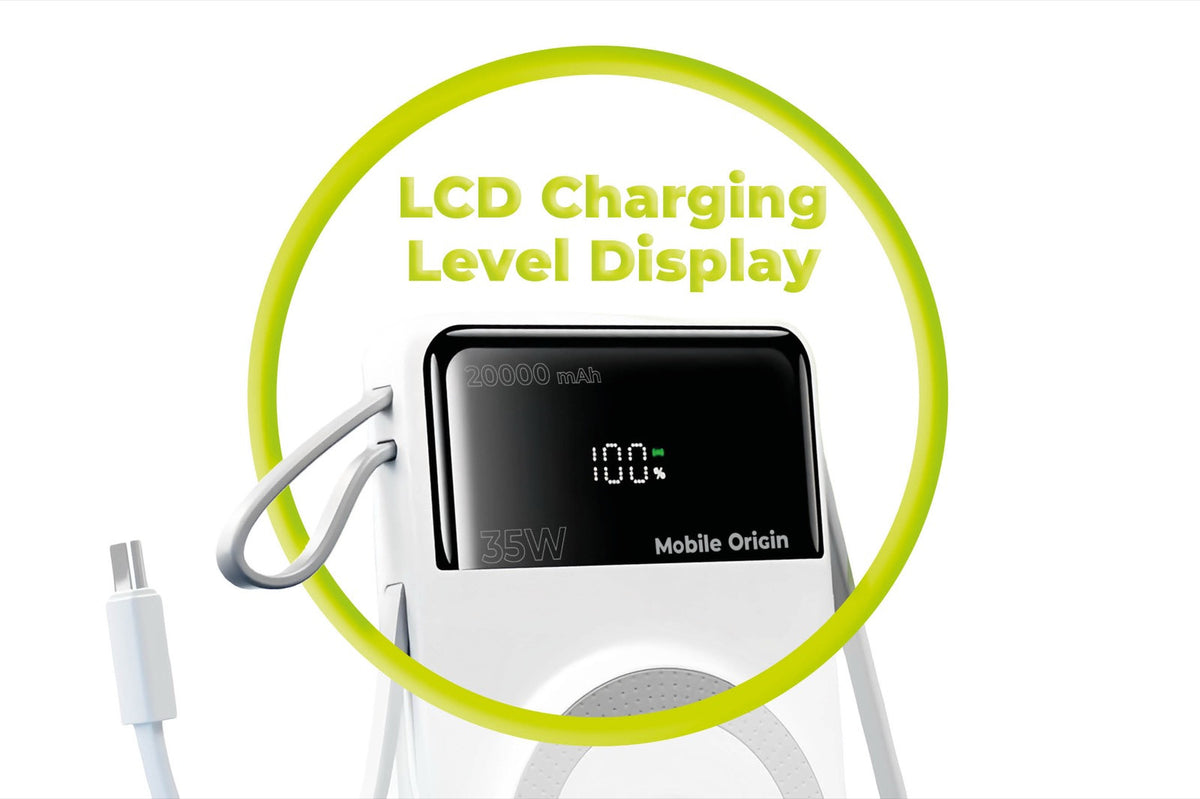Bezdrátová magnetická powerbanka MagSafe s displejem a kabelem USB-C + Lightning PB15, 20000mAh, 35W, Bílá