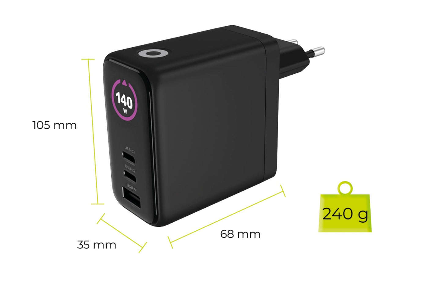 GaN Wall Charger with Display 2× USB-C + USB-A PW21, 140W, Black