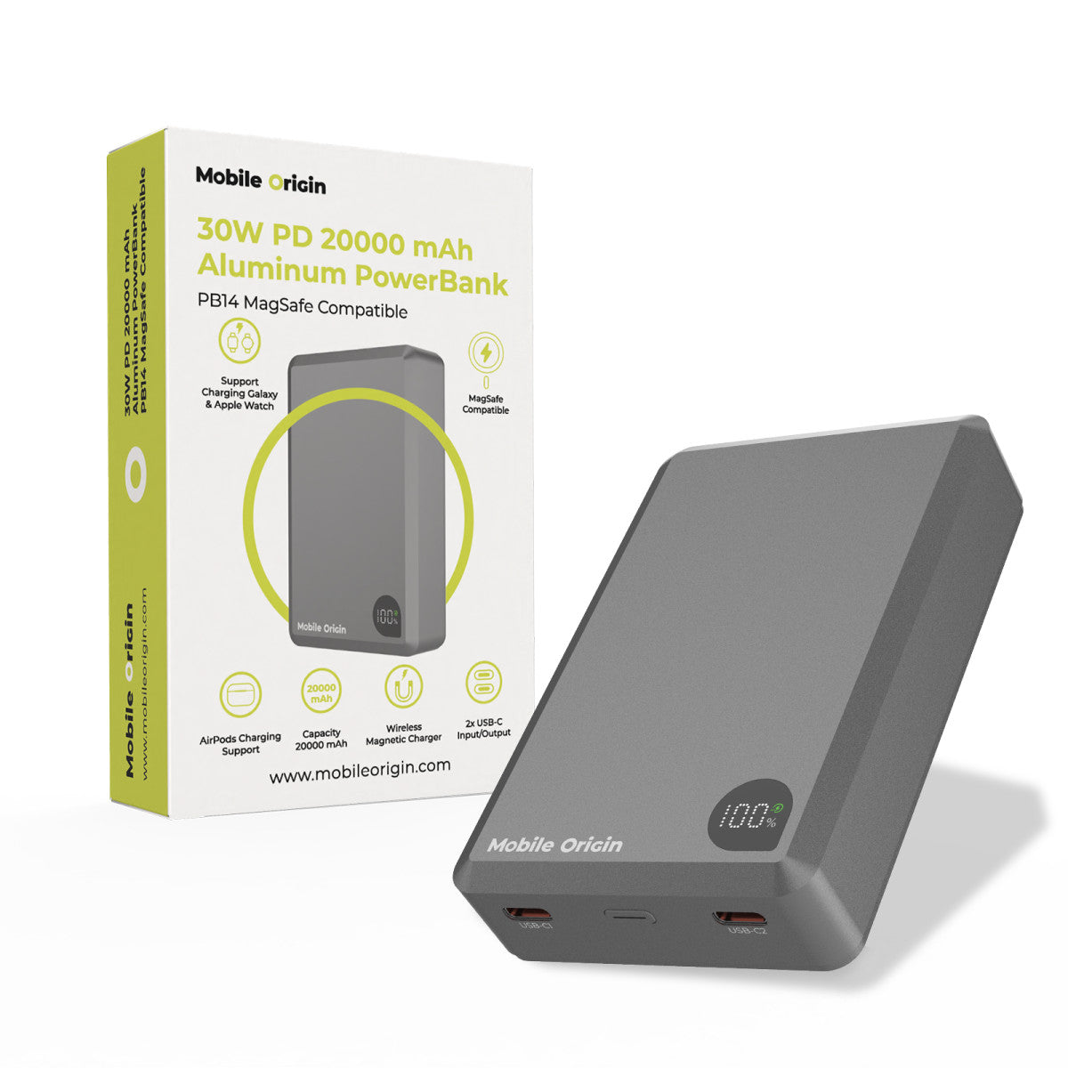 Wireless Magnetic Power Bank 3-in-1 MagSafe with Display PB14, 20000mAh, 30W, Gray