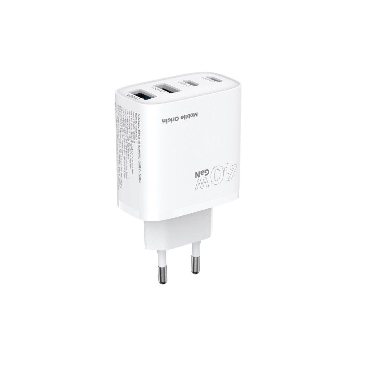 Sieťová nabíjačka GaN 2× USB-C + 2× USB-A PW22, 40W, Biela